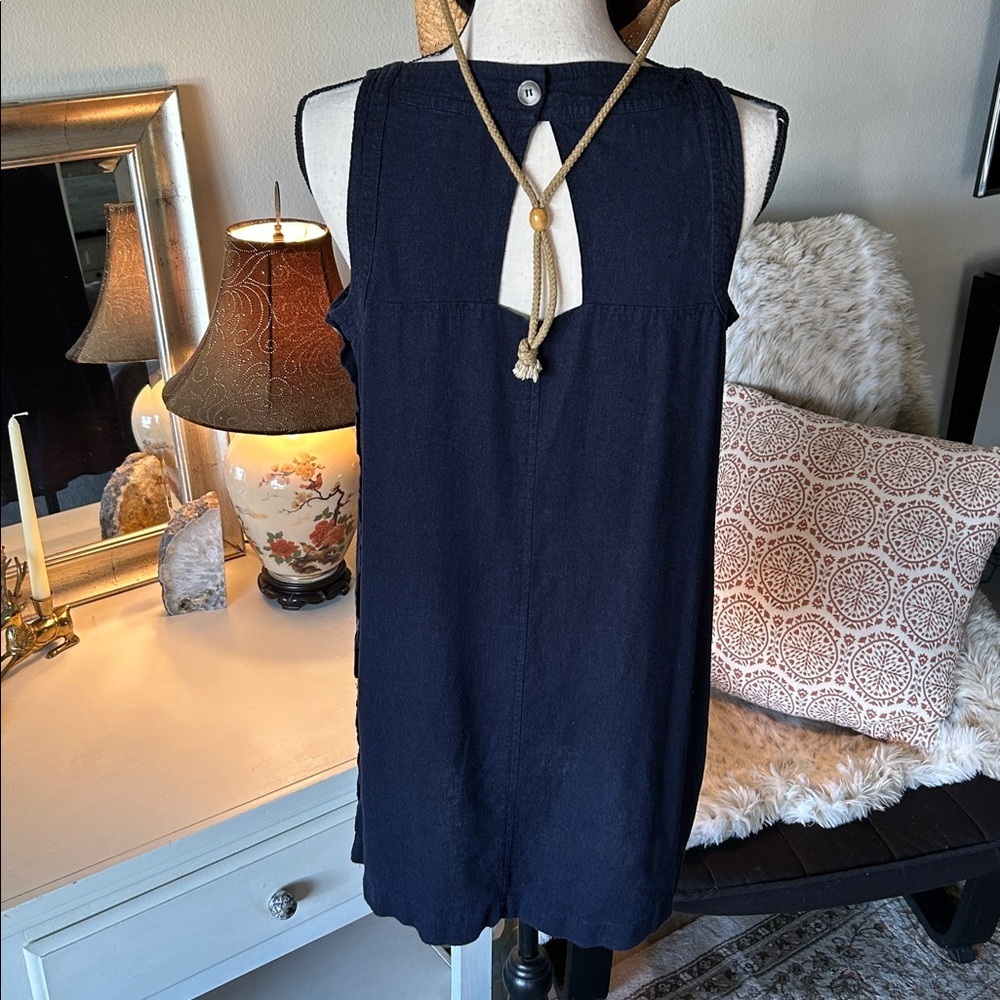 For Cynthia linen navy Boho lagenlook cottage minimalist mini dress S oversized - Picture 4 of 12